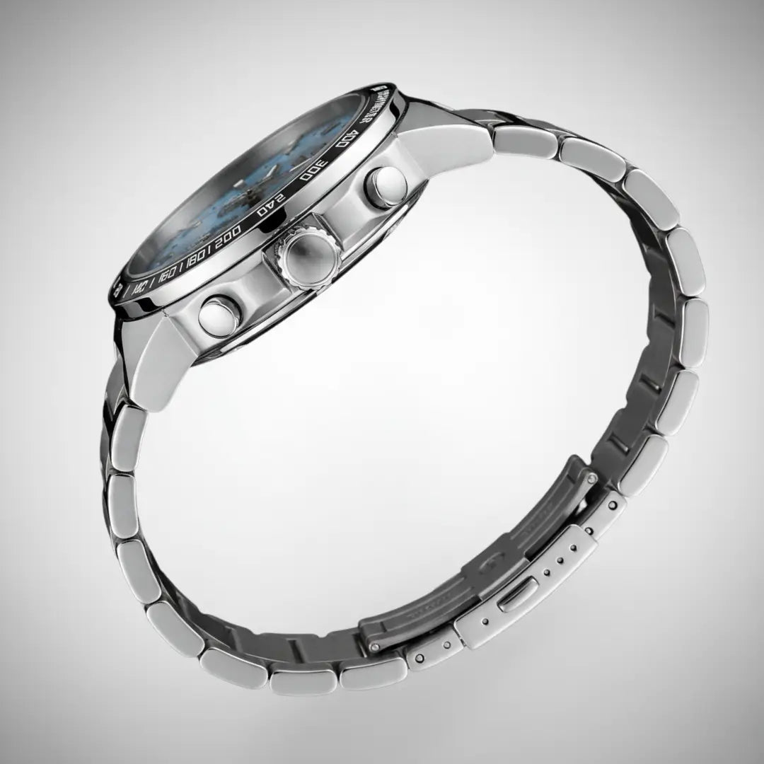 Relógio casual masculino prata com mostrador azul com cronógrafo Reward VIP Magnus 45mm com vista lateral