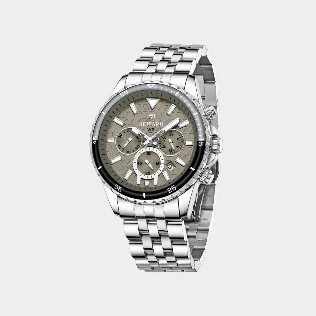 Relógio casual masculino prata com bisel canelado Reward VIP Essence 45 mm vista semi lateral