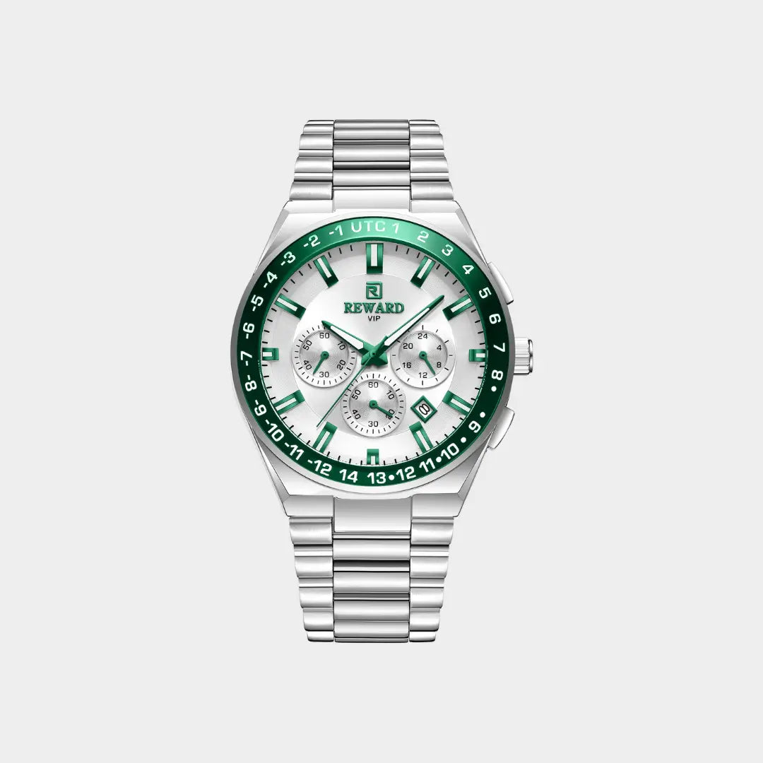 Relógio casual masculino prata Navigator Master com bisel verde visto de frente