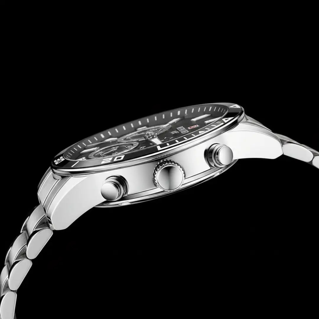 Relógio casual masculino prata com mostrador preto Reward VIP Aurion 44mm vista da caixa lateral com mostrador em relevo