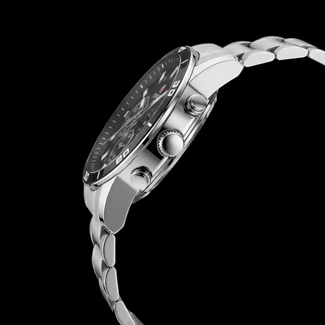 Relógio casual masculino prata com mostrador preto Reward VIP Aurion 44mm vista da lateral em outro ângulo