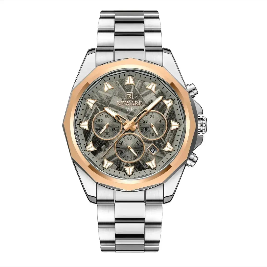 Relógio casual masculino prata Reward VIP Vanguard visto de frente, com bisel rose gold que contrasta com a caixa prateada e valoriza o design moderno e elegante.
