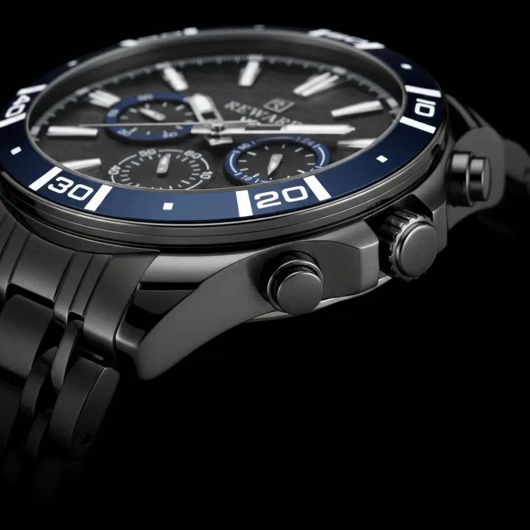 Relógio casual masculino preto com detalhes em azul Reward VIP Essence 44mm com vista da coroa e bisel