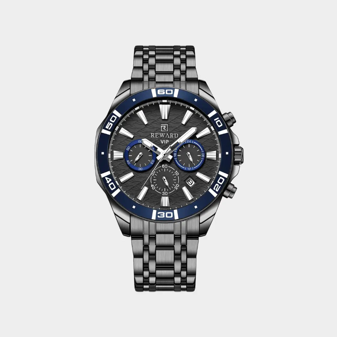 Relógio casual masculino preto com detalhes em azul Reward VIP Essence 44mm visto de frente