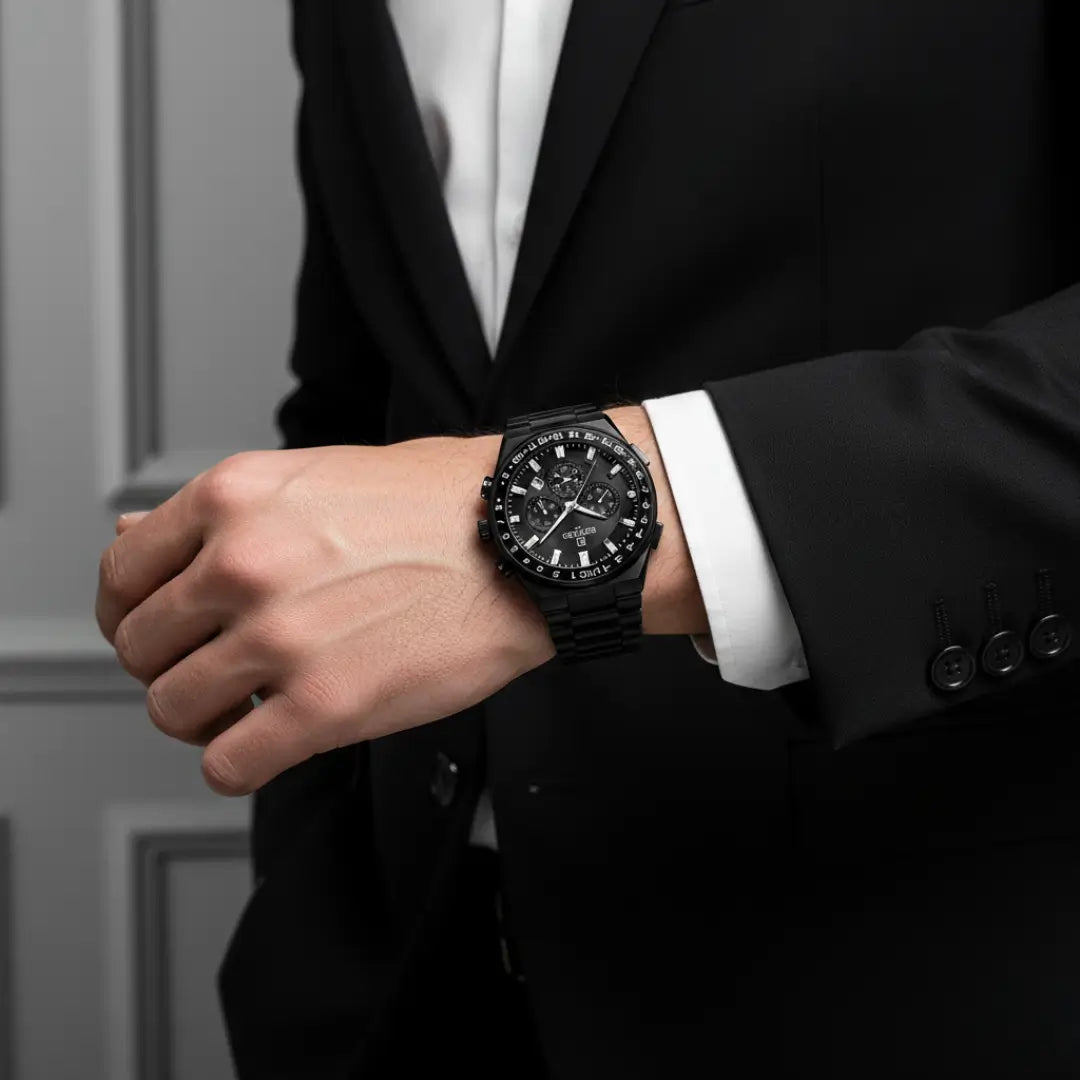 Relógio casual masculino preto Navigator Master 44mm visto no pulso sob um terno preto