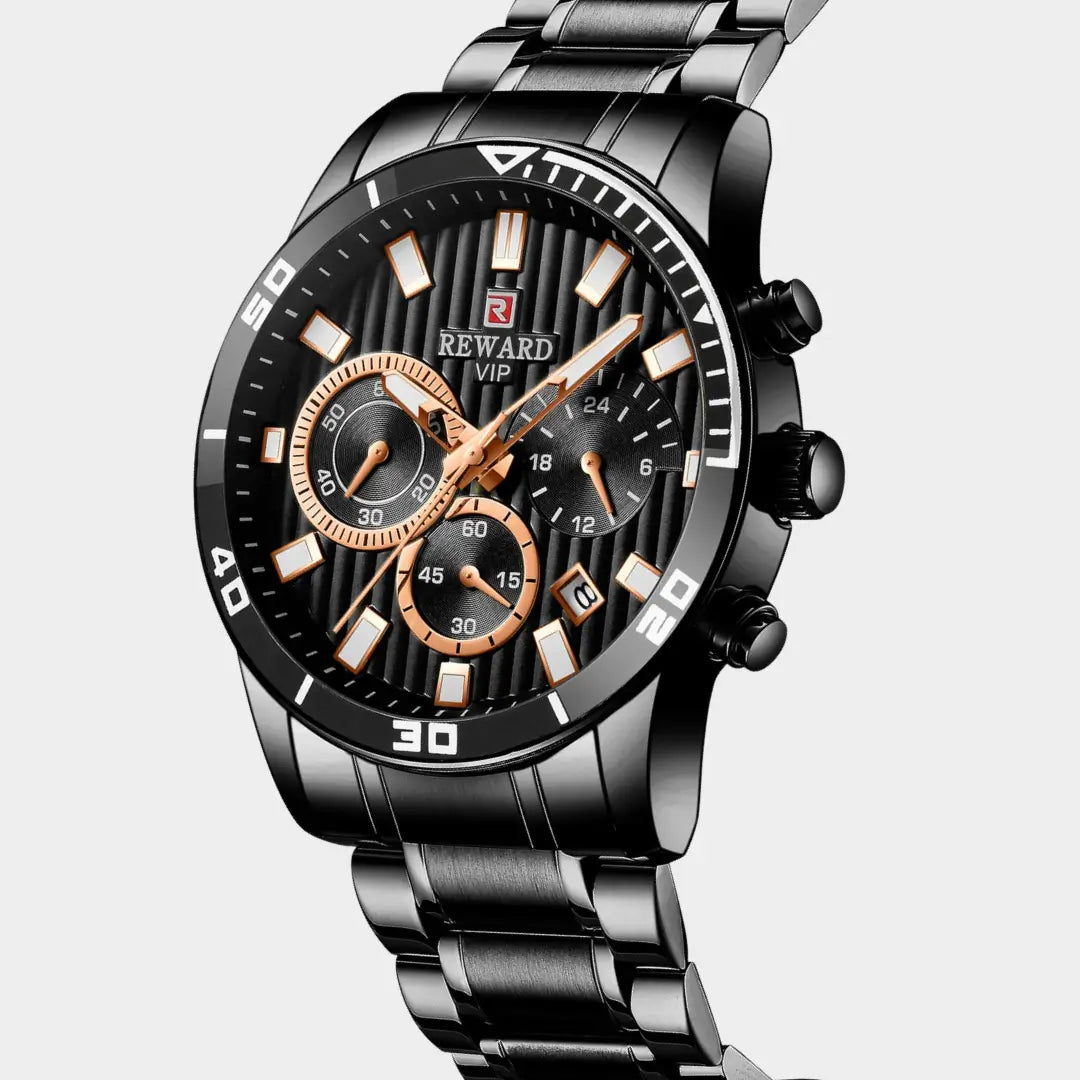 Relógio casual masculino preto com cronógrafo Reward VIP Aurion 44mm vista em ângulo de 3/4
