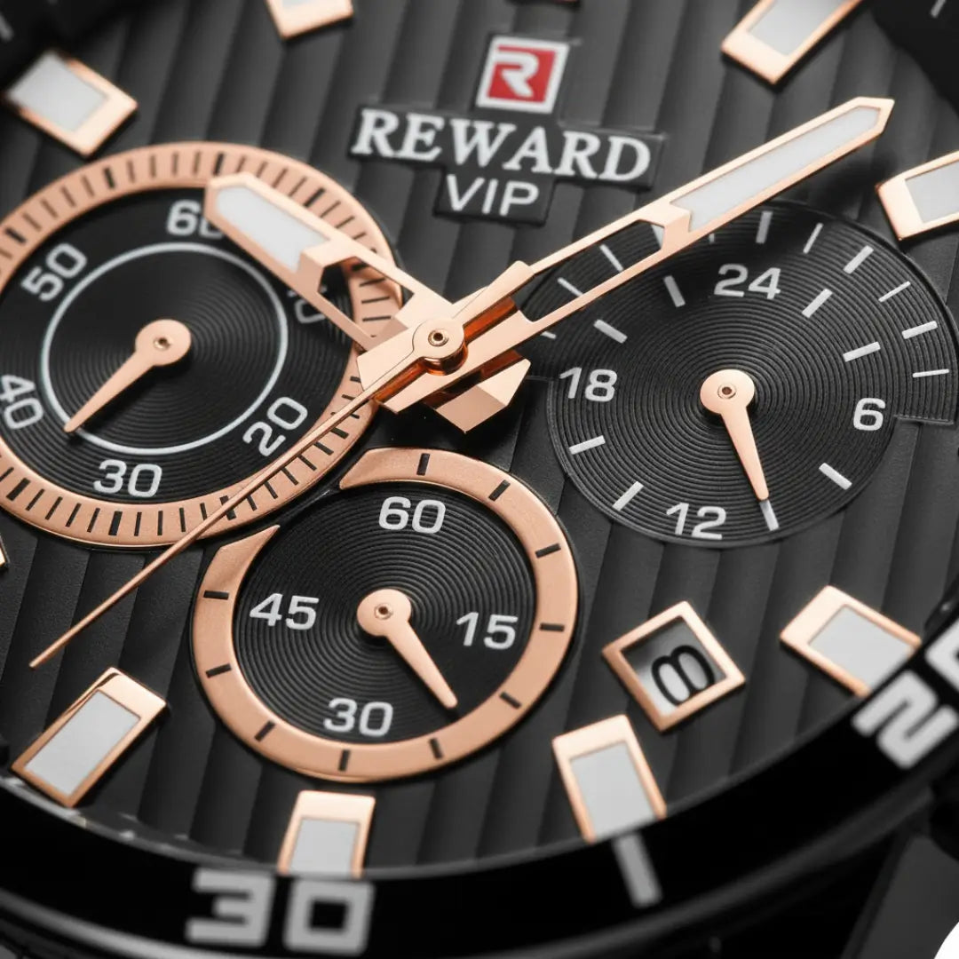 Relógio casual masculino preto com cronógrafo Reward VIP Aurion 44mm vista do mostrador preto