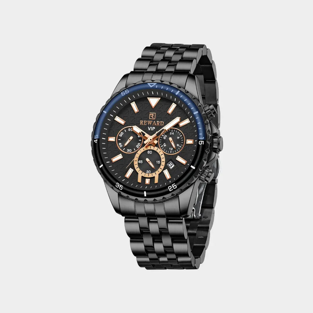 Relógio casual masculino preto com bisel canelado Reward VIP Essence 45mm ângulo semi lateral