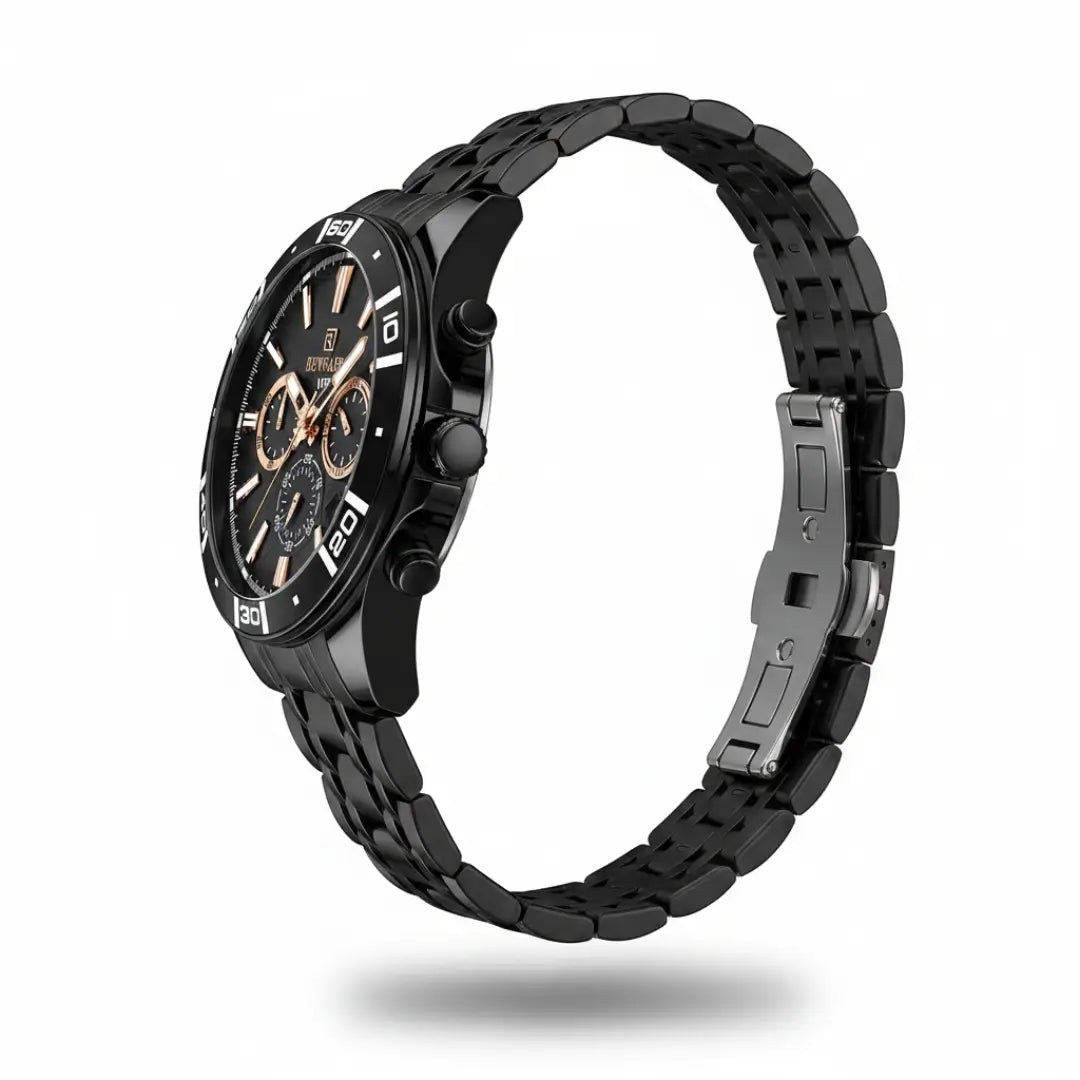 Relógio casual masculino preto com detalhes em ouro rosa Reward VIP Essence 44mm visto totalmente da lateral