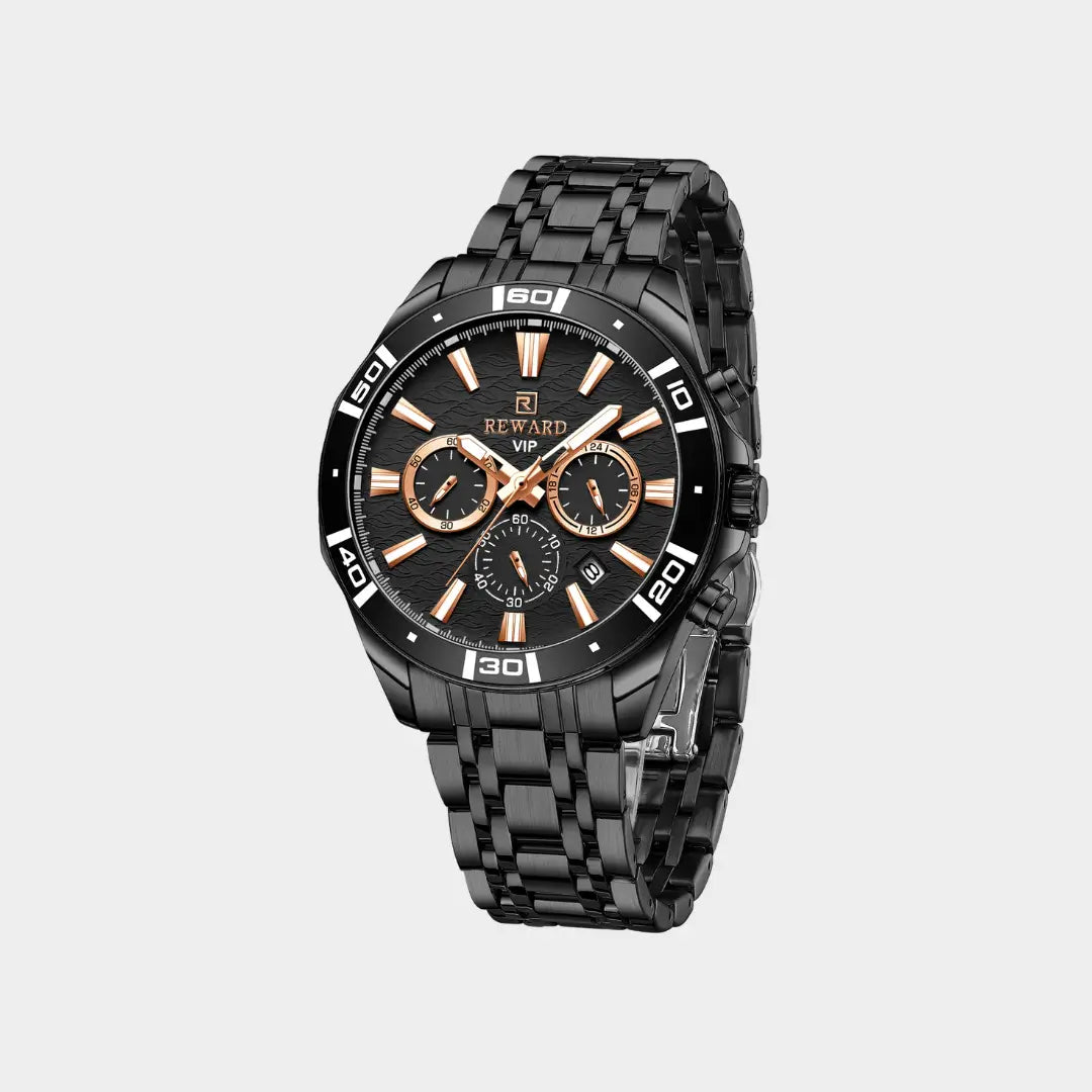 Relógio casual masculino preto com detalhes em ouro rosa Reward VIP Essence 44mm visto parcialmente da lateral