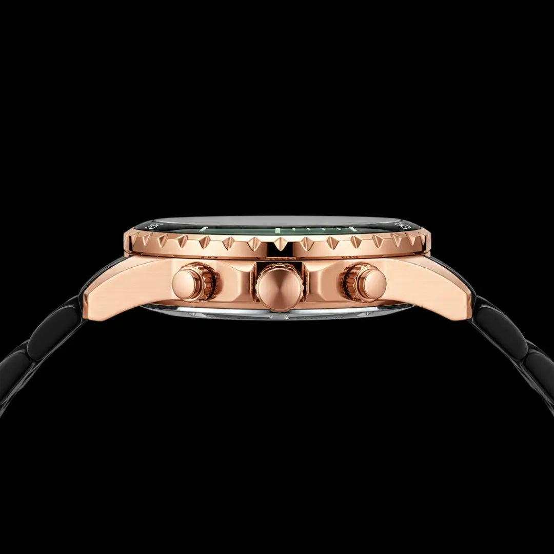 Relógio casual masculino preto com mostrador verde e bisel canelado Reward VIP Essence 45mm vista lateral da caixa