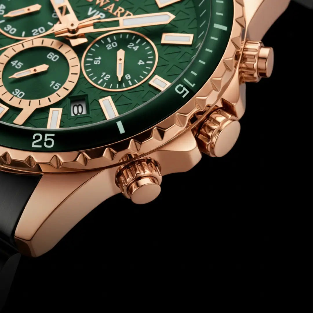 Relógio casual masculino preto com mostrador verde e bisel canelado Reward VIP Essence 45mm vista da coroa