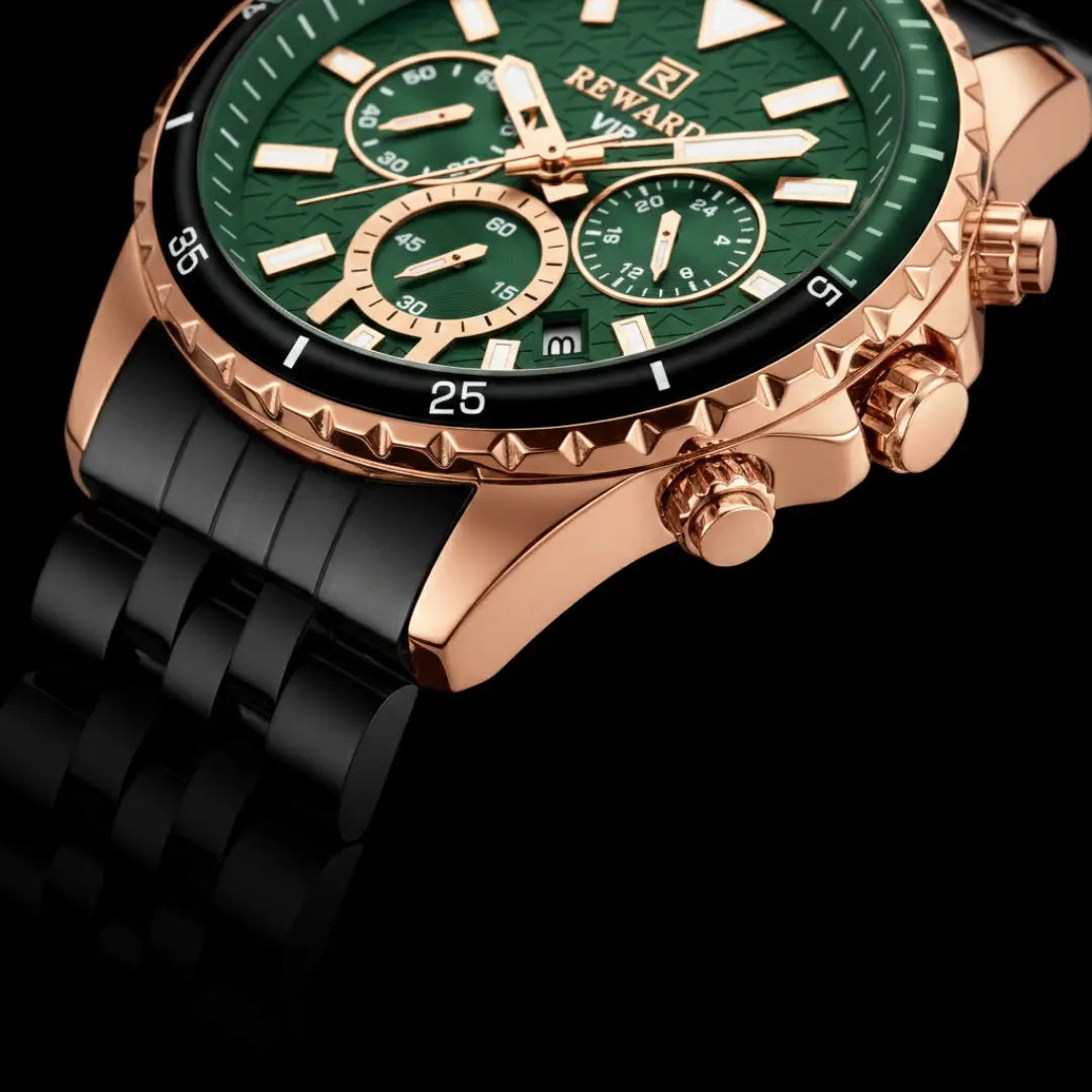 Relógio casual masculino preto com mostrador verde e bisel canelado Reward VIP Essence 45mm vista dos detalhes