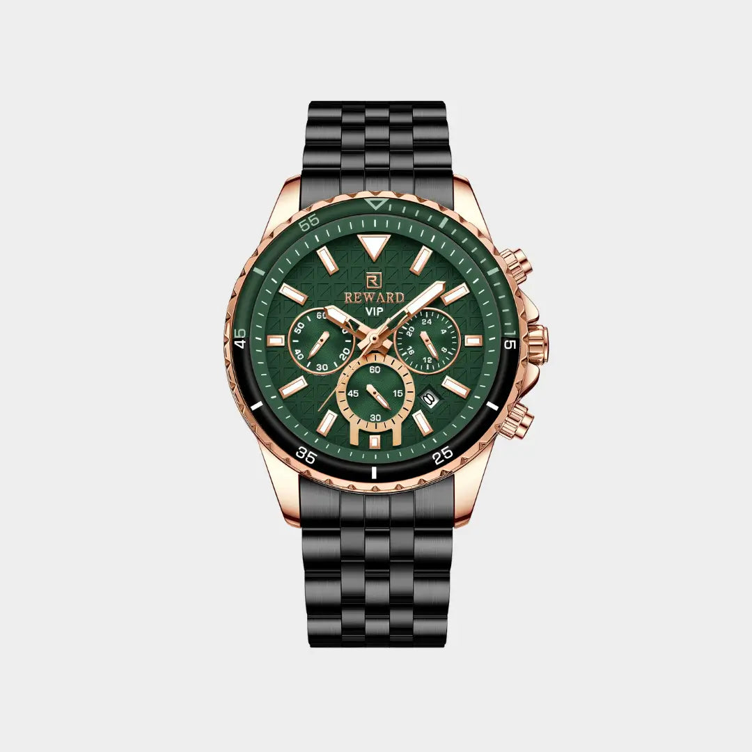 Relógio casual masculino preto com mostrador verde e bisel canelado Reward VIP Essence 45mm vista frontal
