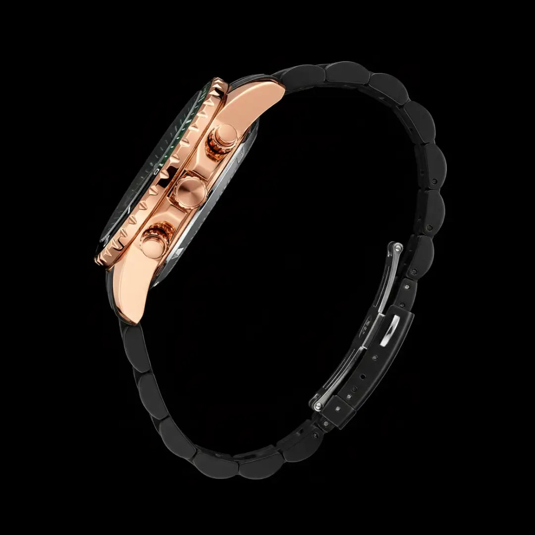 Relógio casual masculino preto com mostrador verde e bisel canelado Reward VIP Essence 45mm vista lateral completa