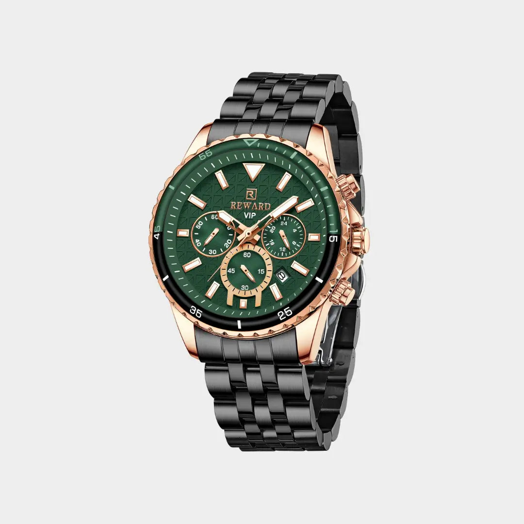 Relógio casual masculino preto com mostrador verde e bisel canelado Reward VIP Essence 45mm vista semi lateral