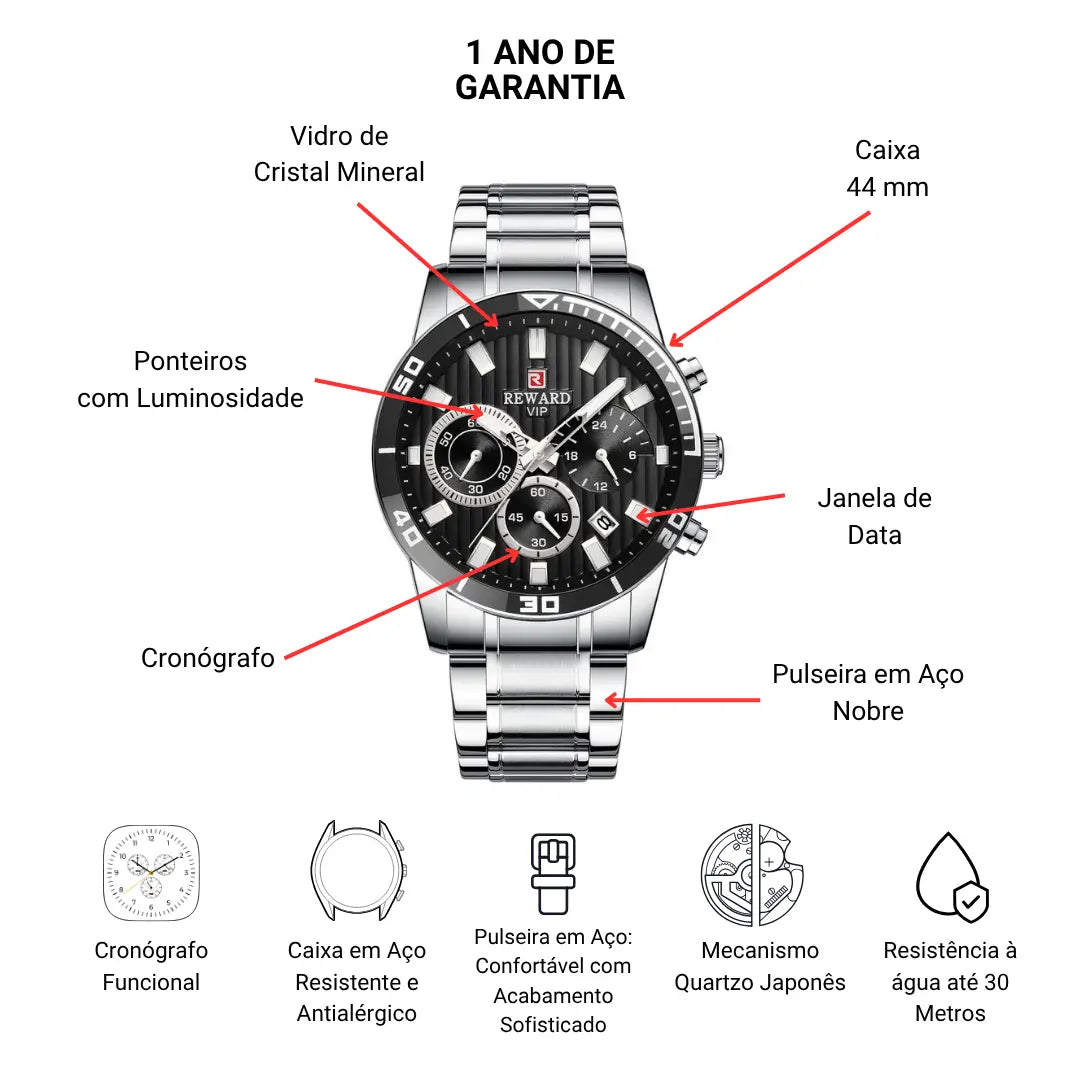 Relógio Masculino Casual Prata Aurion 44 mm