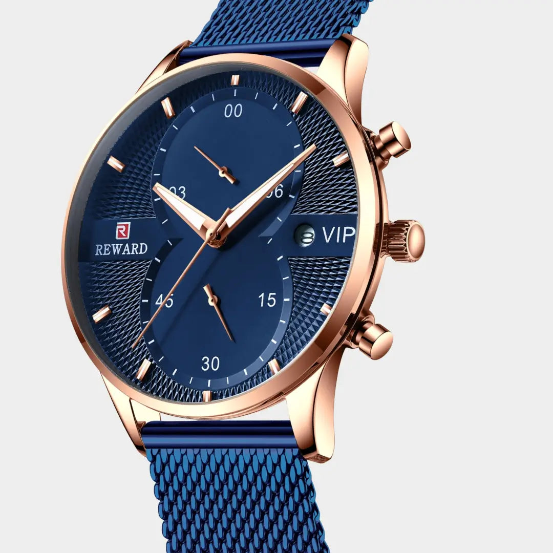 Vista lateral da caixa do relógio clássico masculino Linéar Blue 45 mm em ângulo 3/4