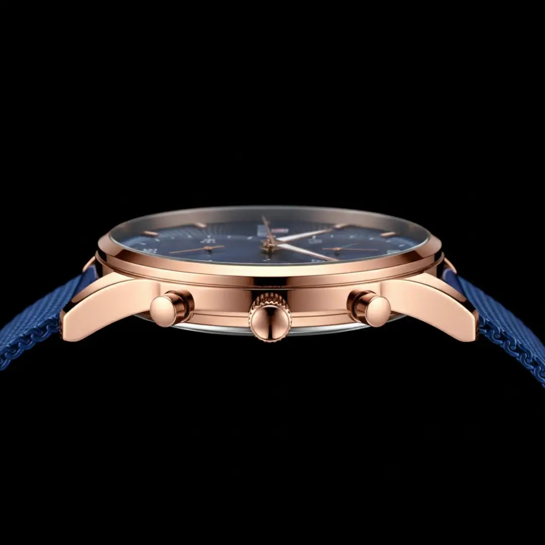 Vista lateral da caixa do relógio Linéar Blue 45 mm com botões de ajuste