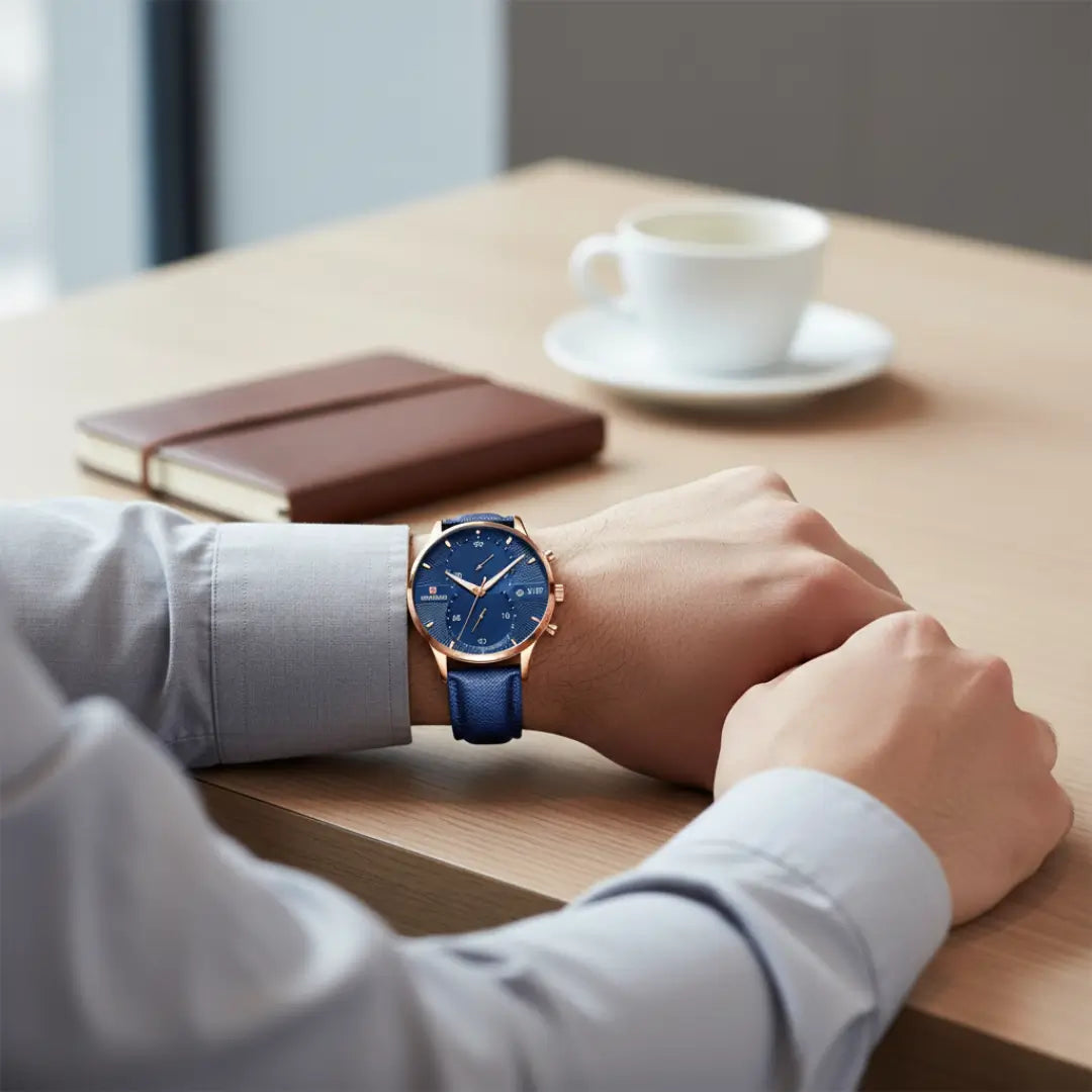 Vista lateral da caixa do relógio clássico masculino Linéar Blue no pulso em ambiente de café