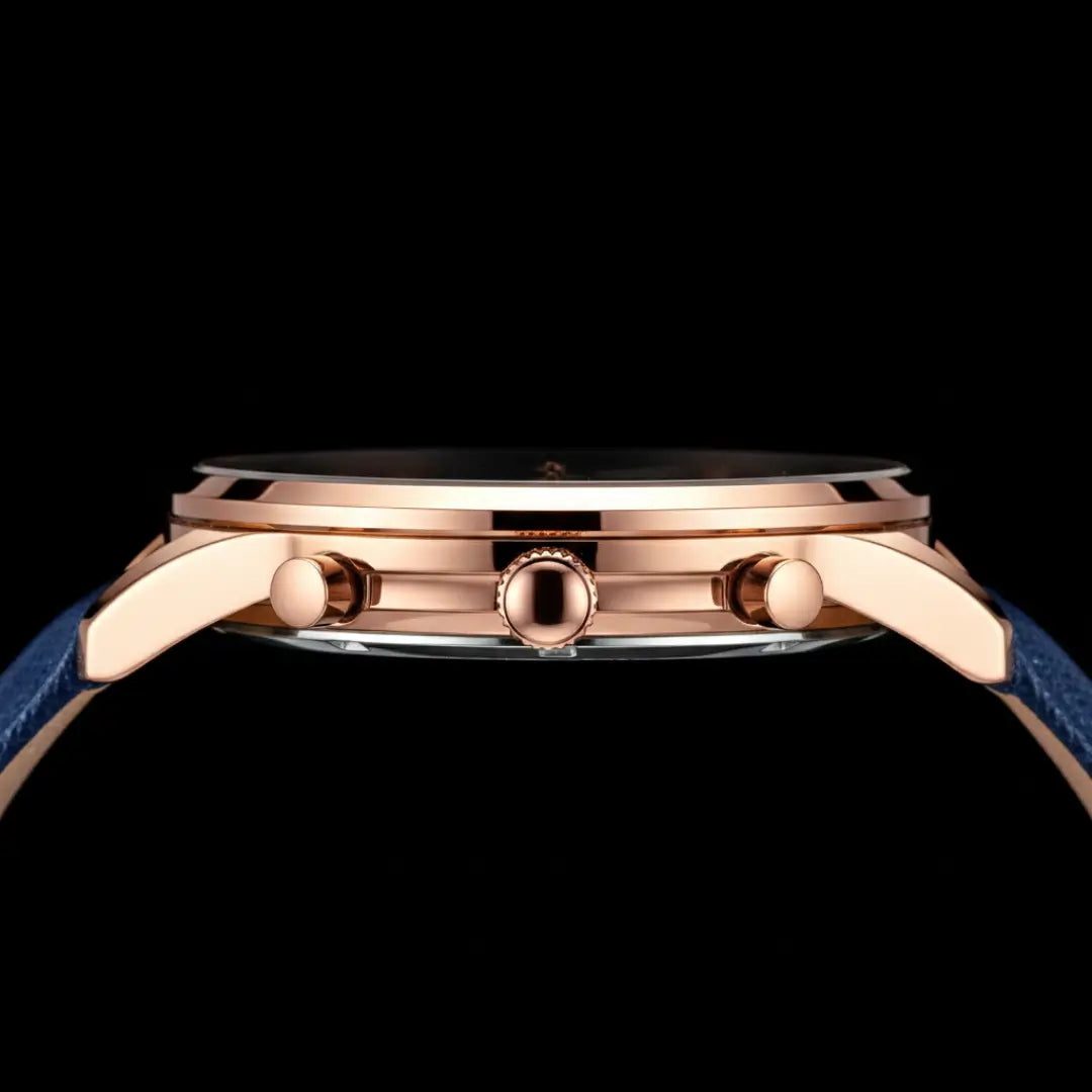 Vista lateral da caixa do relógio clássico masculino Linéar Blue