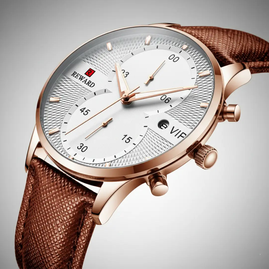 Mostrador do relógio clássico masculino Reward VIP Linéar Brown com design limpo e leitura equilibrada