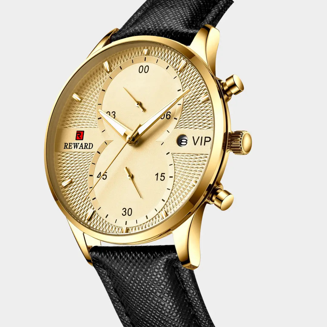 Relógio clássico masculino Reward VIP Linéar Gold em ângulo 3/4, evidenciando a caixa e os botões laterais