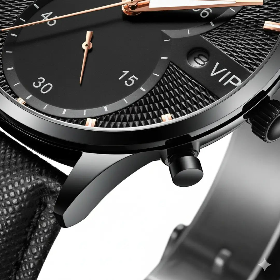 Detalhe do botão da caixa do relógio clássico masculino Linéar preto