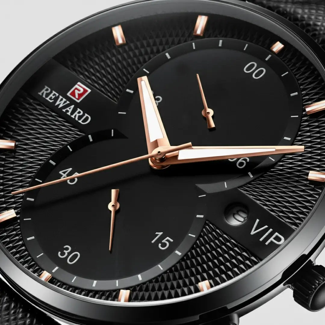 Vista frontal do mostrador do relógio clássico masculino Linéar preto