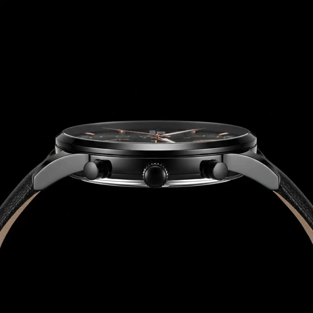 Vista lateral da caixa do relógio clássico masculino Linéar preto