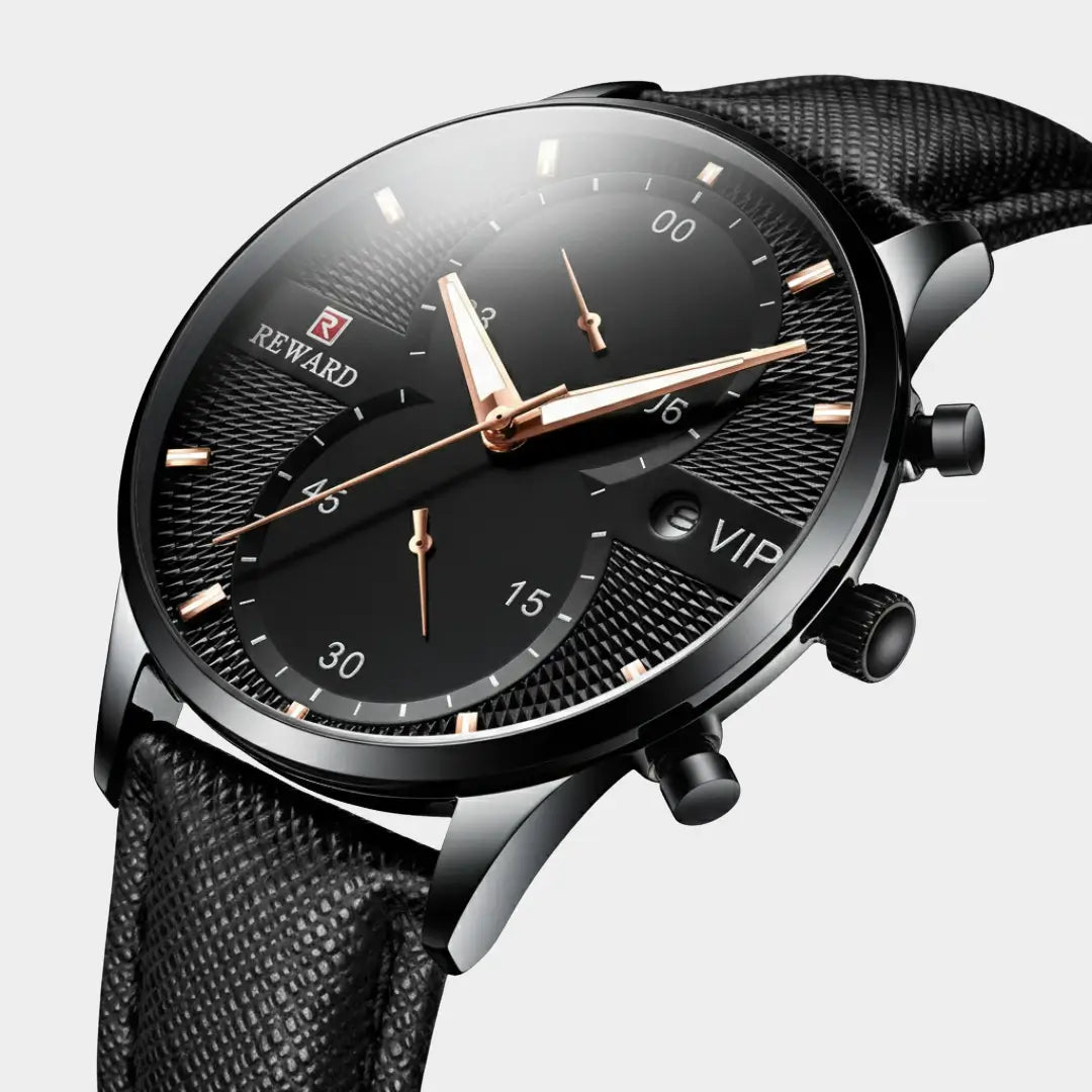 Detalhe do cristal do relógio clássico masculino com pulseira de couro Linéar preto