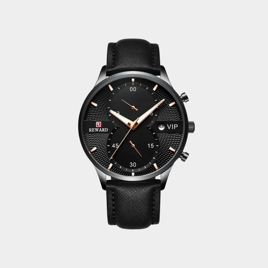 Vista frontal do relógio clássico masculino Linéar preto com pulseira de couro