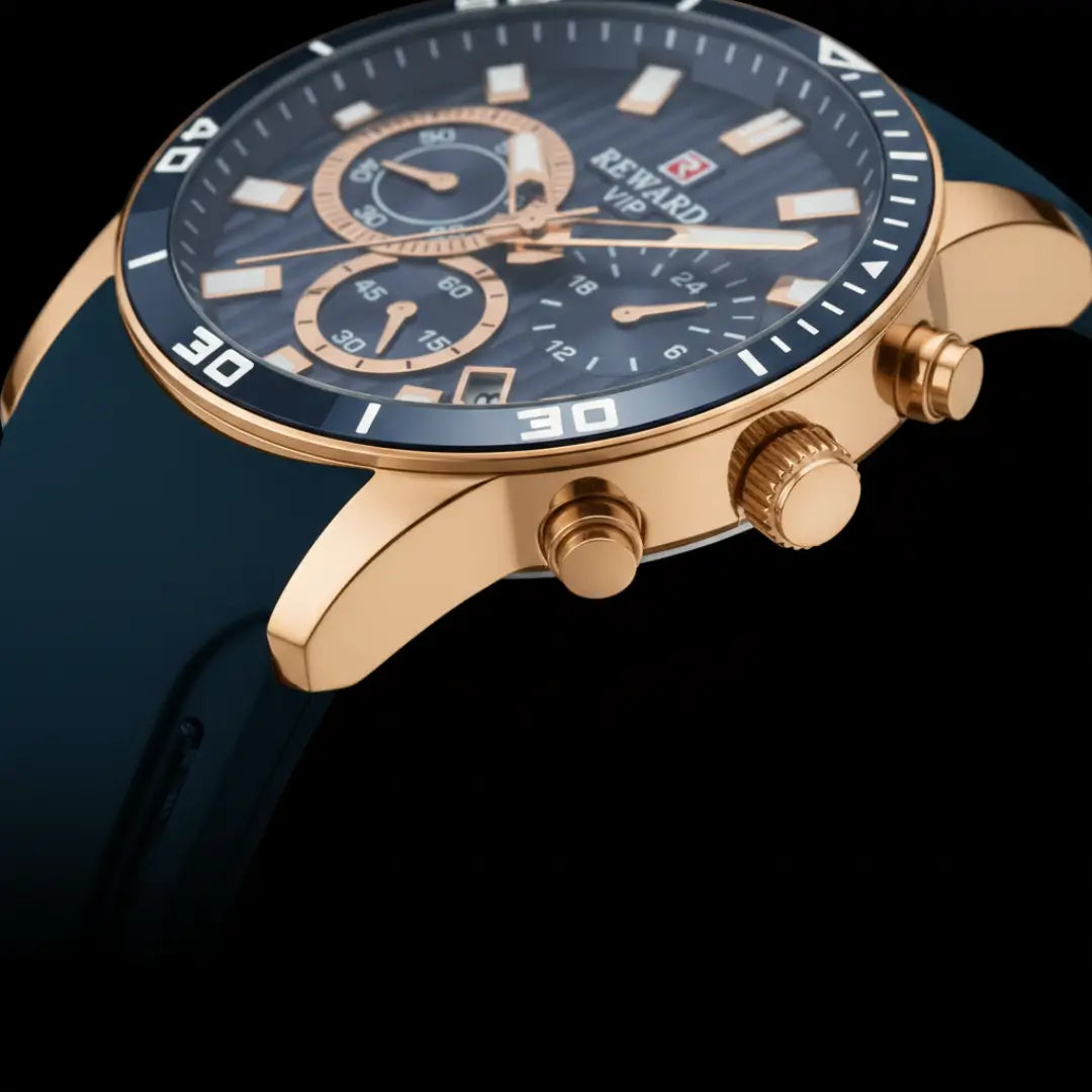 Relógio esportivo masculino azul e dourado Reward VIP Aurion Sport com pulseira de borracha e cronógrafo vista do cristal