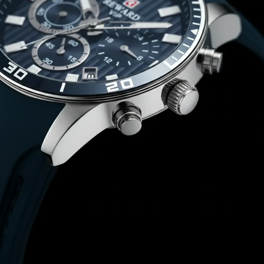 Relógio esportivo masculino azul Reward VIP Aurion Sport 44mm com pulseira de borracha vista da coroa