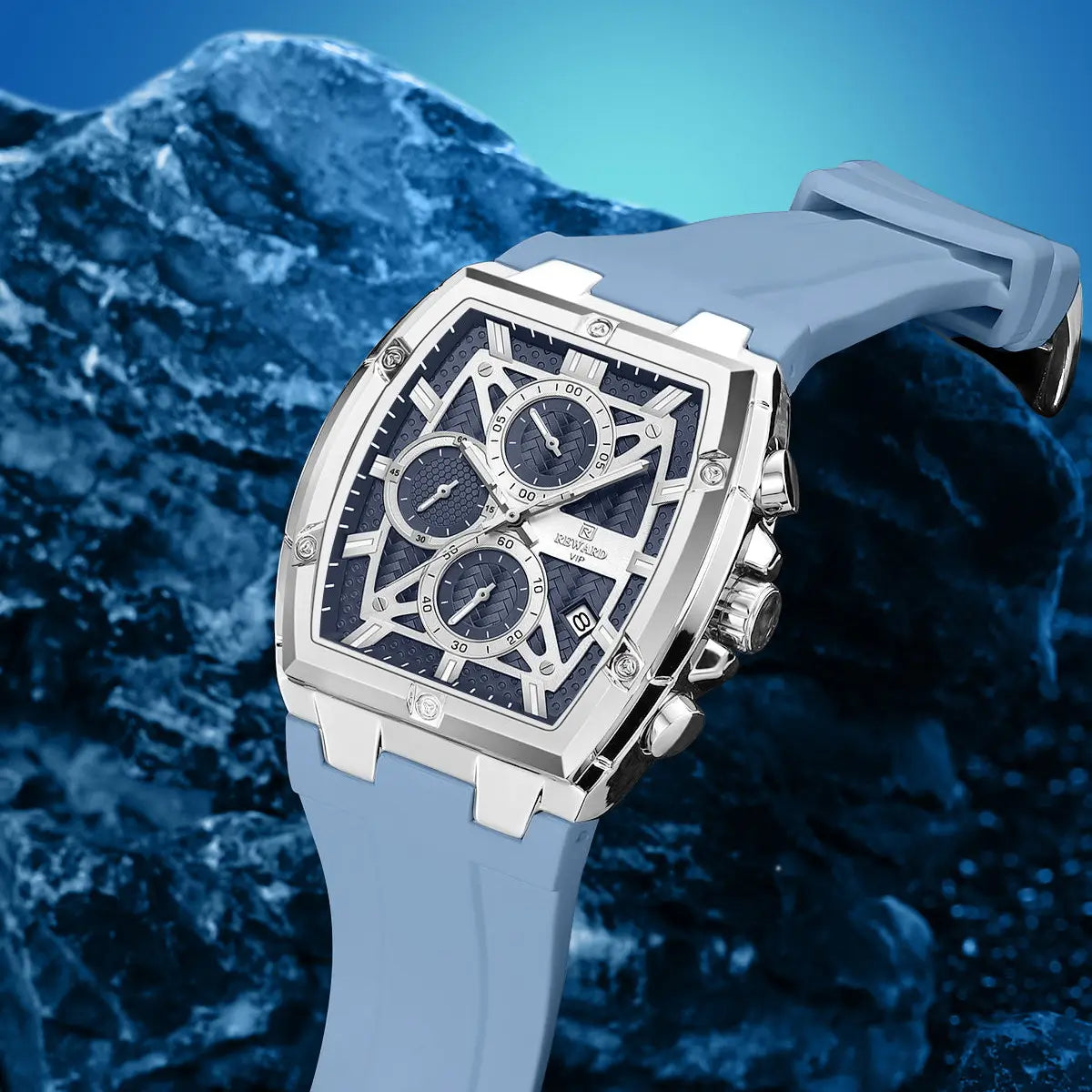 Relógio esportivo masculino azul Reward VIP GrandMaster com vista da caixa em aço inoxidável polido