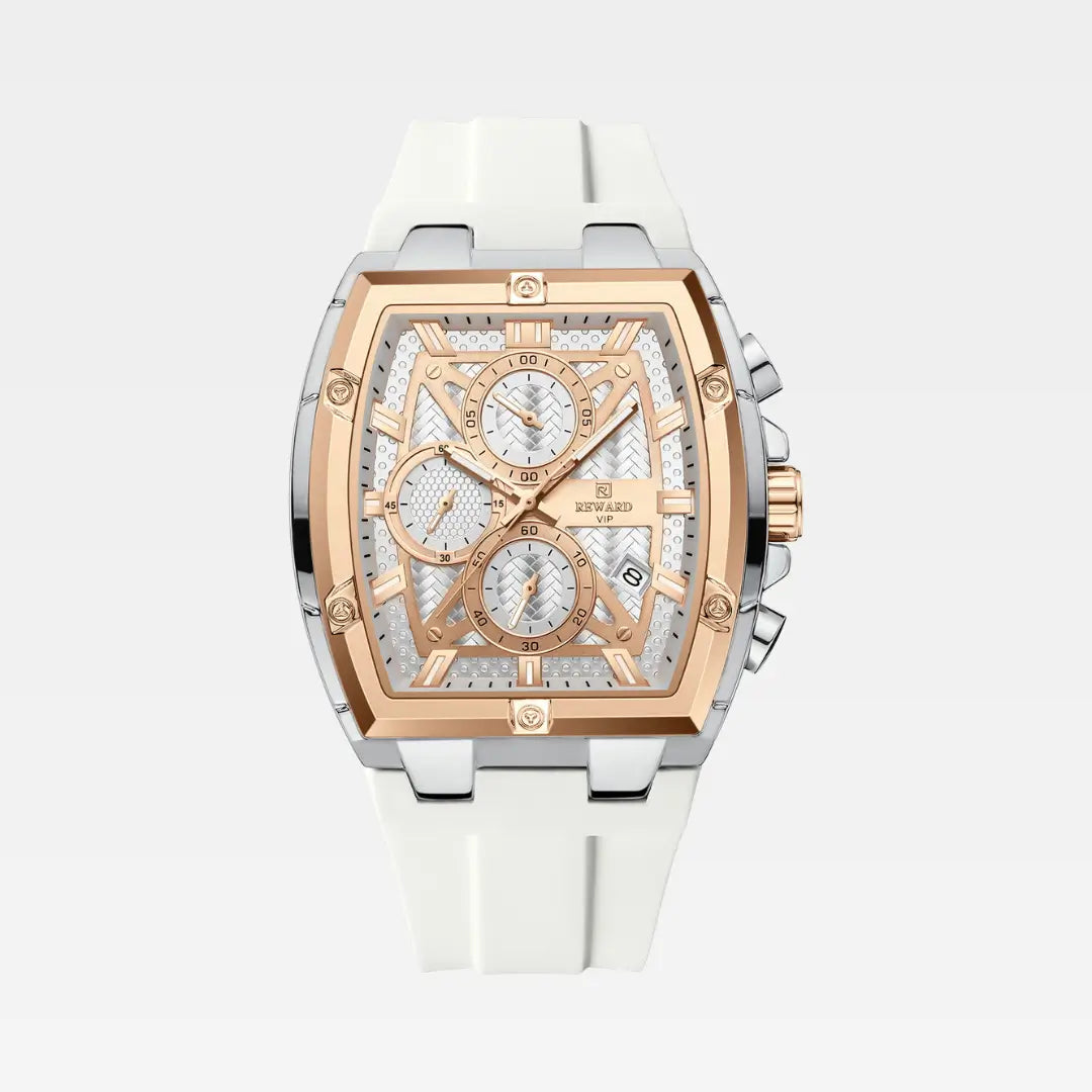 Relógio esportivo masculino branco Reward VIP GrandMaster Tonneau 45mm com vista frontal