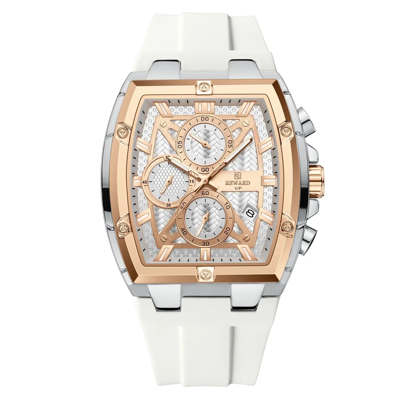 elógio esportivo masculino branco Reward VIP GrandMaster visto de frente destacando seu bisel cor ouro rosa e sua caixa formato tonneau em aço inoxidável polido