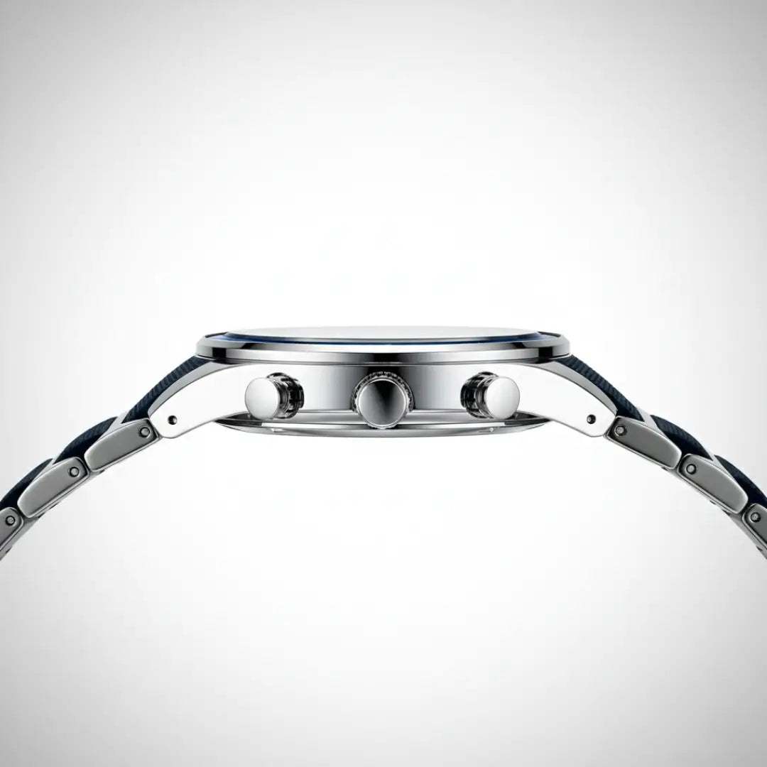 Vista lateral da caixa do relógio esportivo masculino Cronos azul, destacando o perfil e a proporção do design