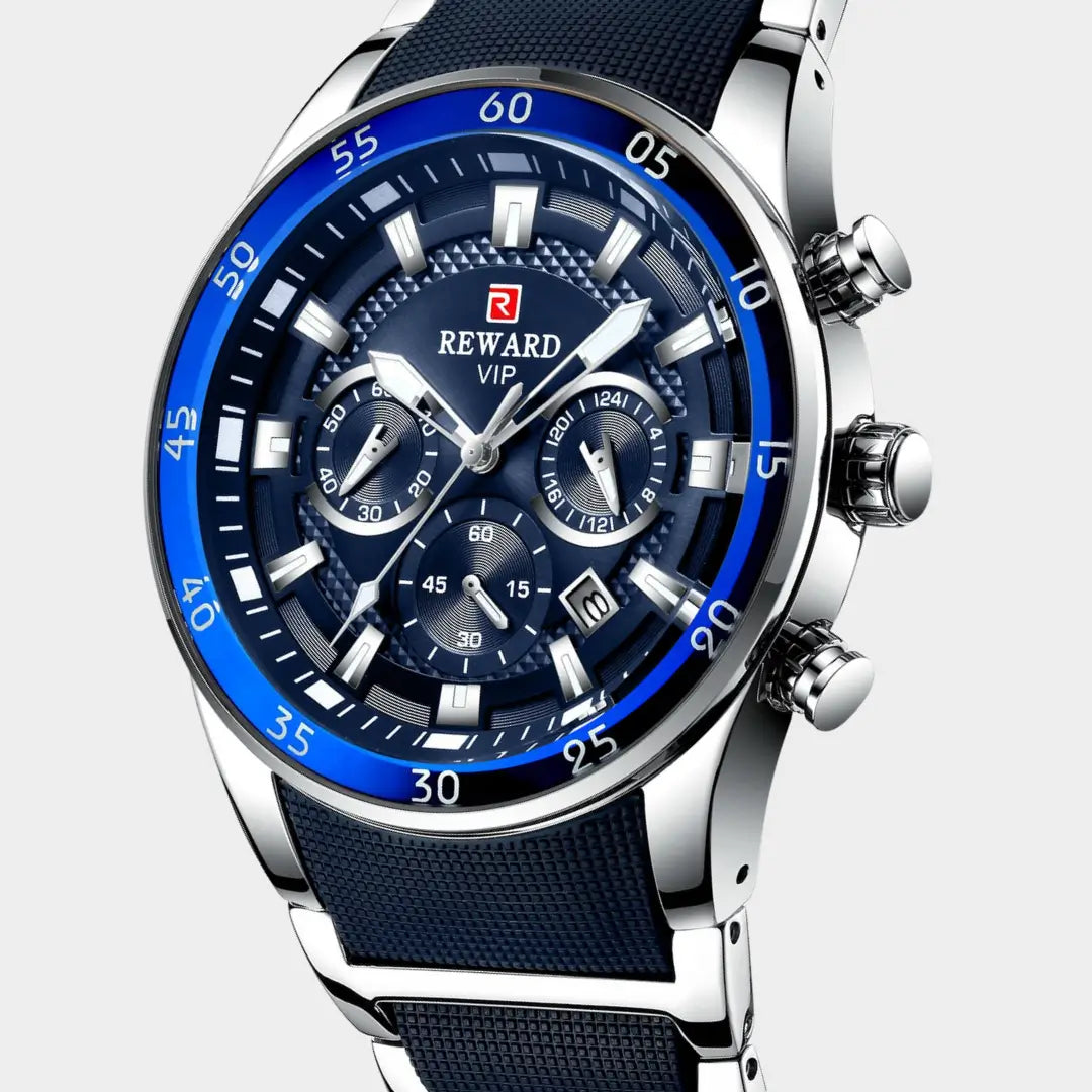 Mostrador do relógio esportivo masculino Cronos azul com submostradores integrados em destaque