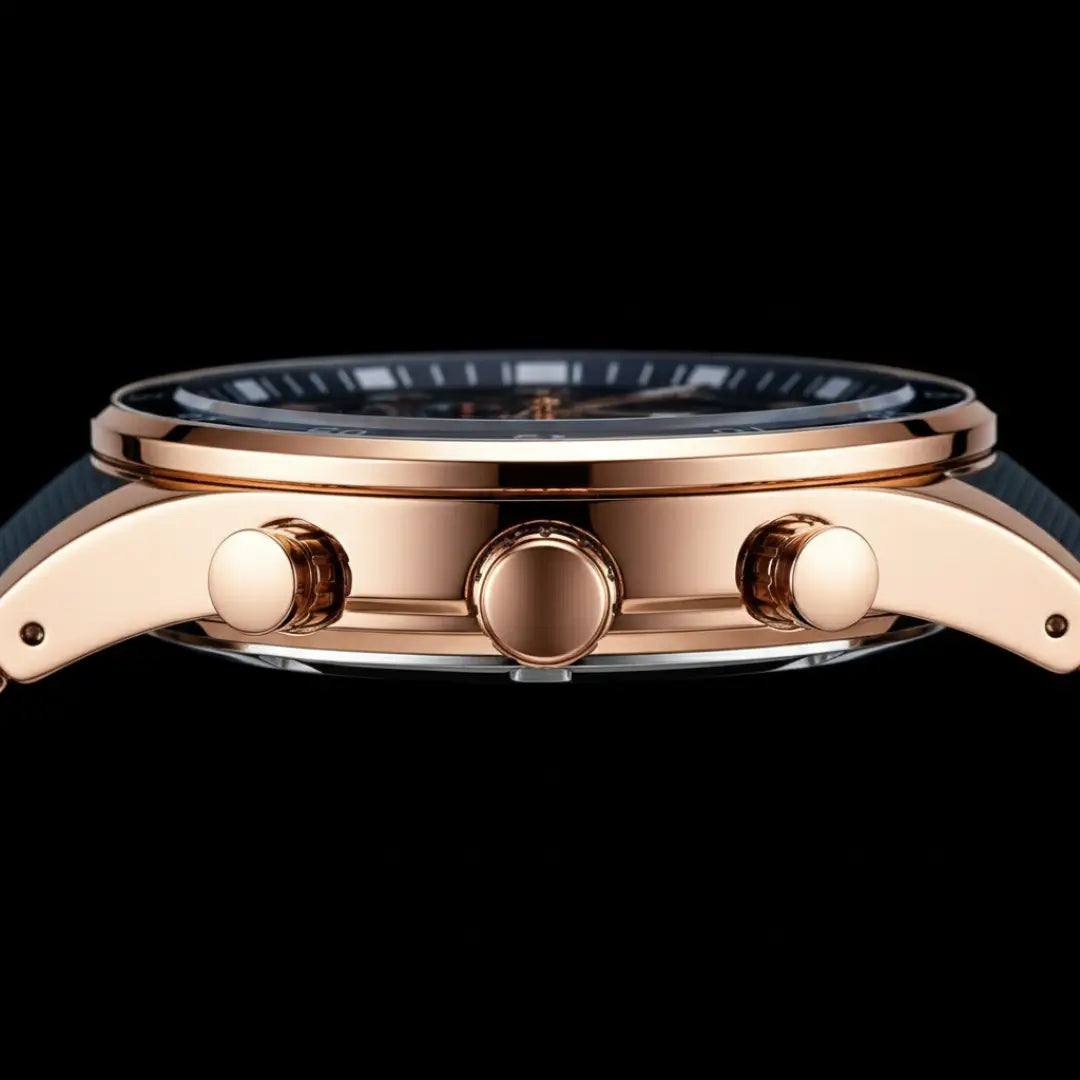 Detalhe da caixa do relógio esportivo masculino Cronos rose gold com mostrador azul