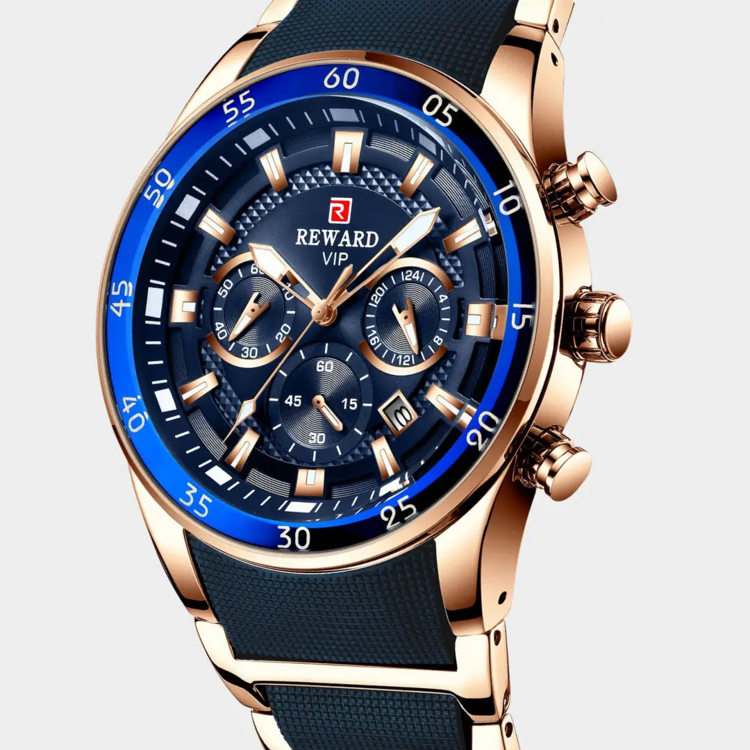 Relógio esportivo masculino Cronos rose gold com mostrador azul em vista lateral da caixa