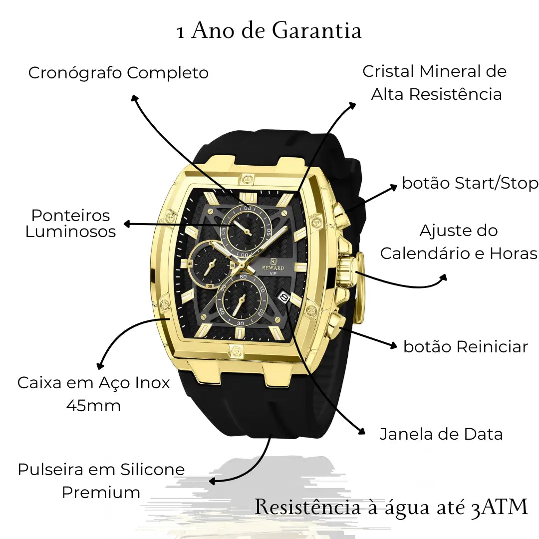 Características do relógio esportivo masculino dourado Reward VIP Tonneau GrandMaster