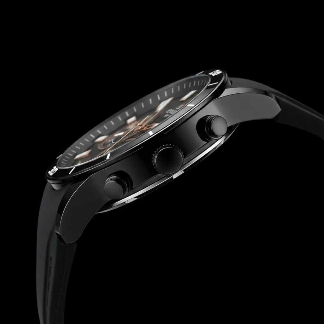 Relógio esportivo masculino preto com ponteiros dourado Reward VIP Aurion Sport 44mm vista lateral da caixa