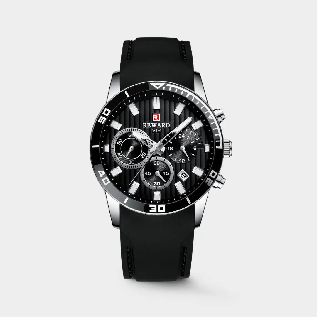 Relógio esportivo masculino preto com detalhes prata com vista de perfil frontal do modelo Reward VIP Aurion Sport 44mm