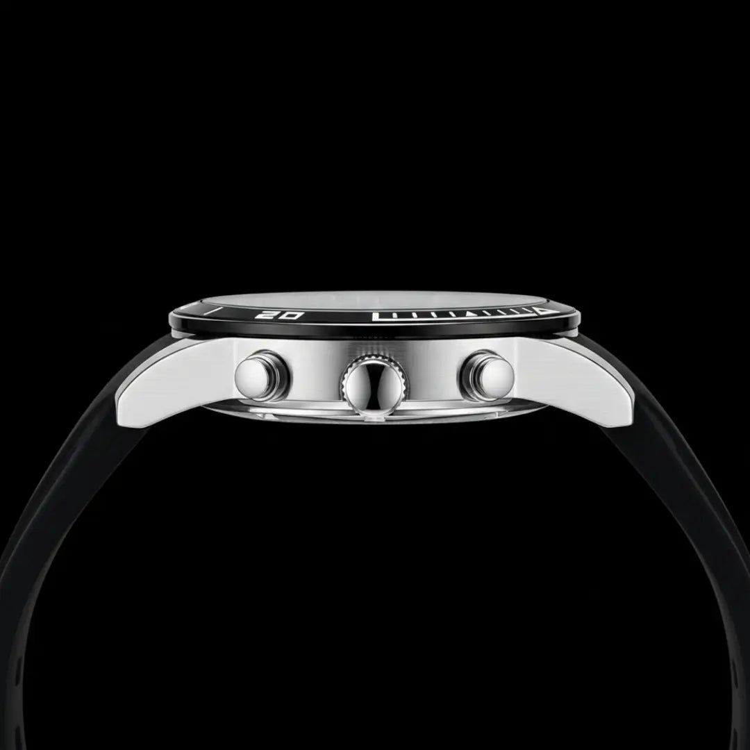 Relógio esportivo masculino preto com pulseira de borracha e cronógrafo Reward VIP Aurion Sport 44mm vista lateral da caixa