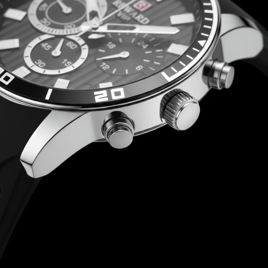 Relógio esportivo masculino preto com pulseira de borracha e cronógrafo Reward VIP Aurion Sport 44mm vista da coroa