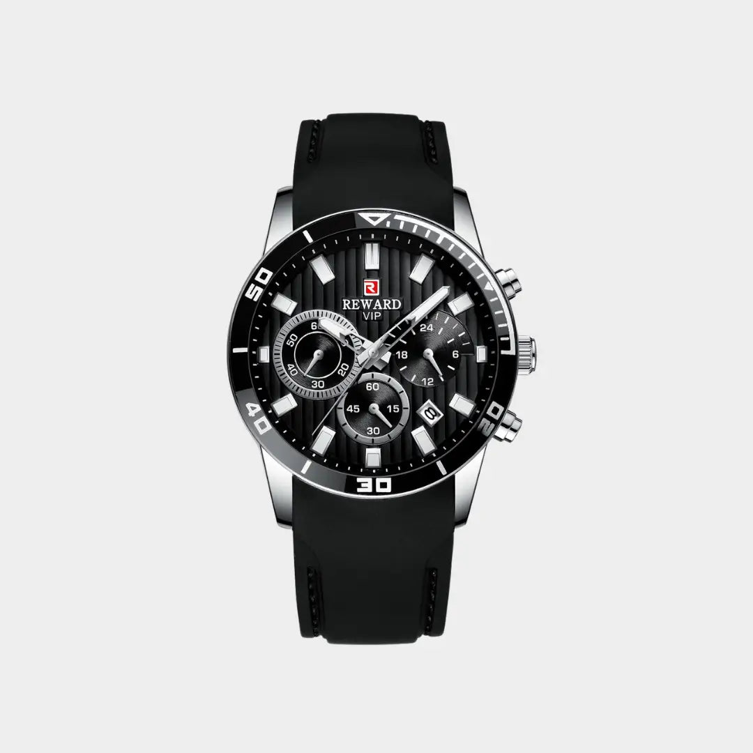 Relógio esportivo masculino preto com pulseira de borracha e cronógrafo Reward VIP Aurion Sport 44mm vista frontal