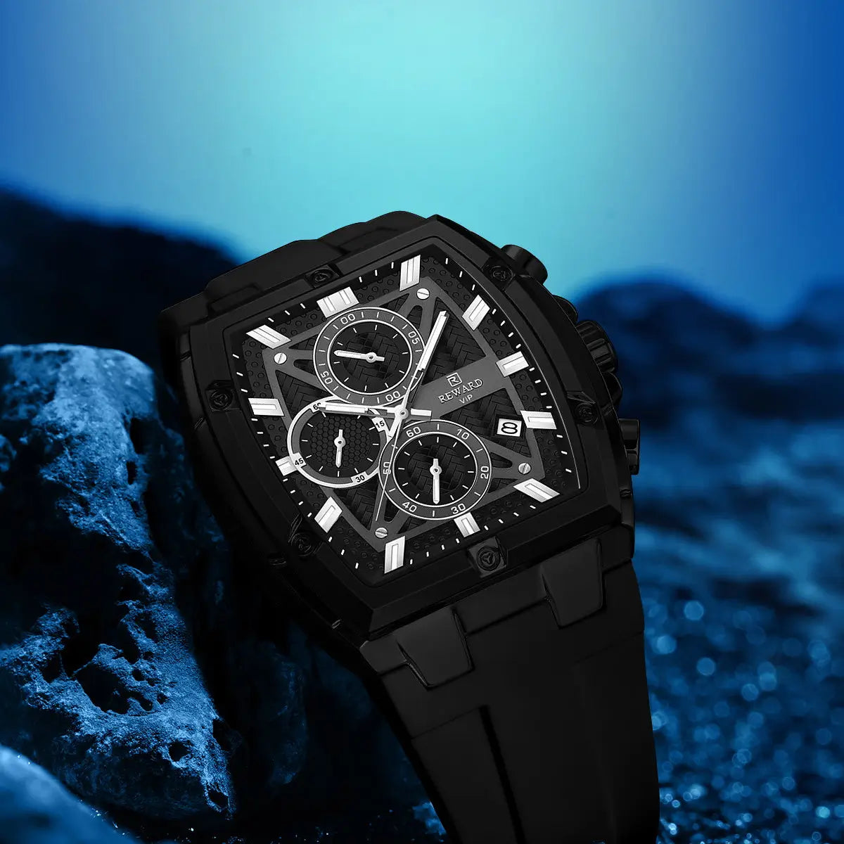 Relógio esportivo masculino preto Reward VIP GrandMaster com vistal do cristal valorizando o design do modelo