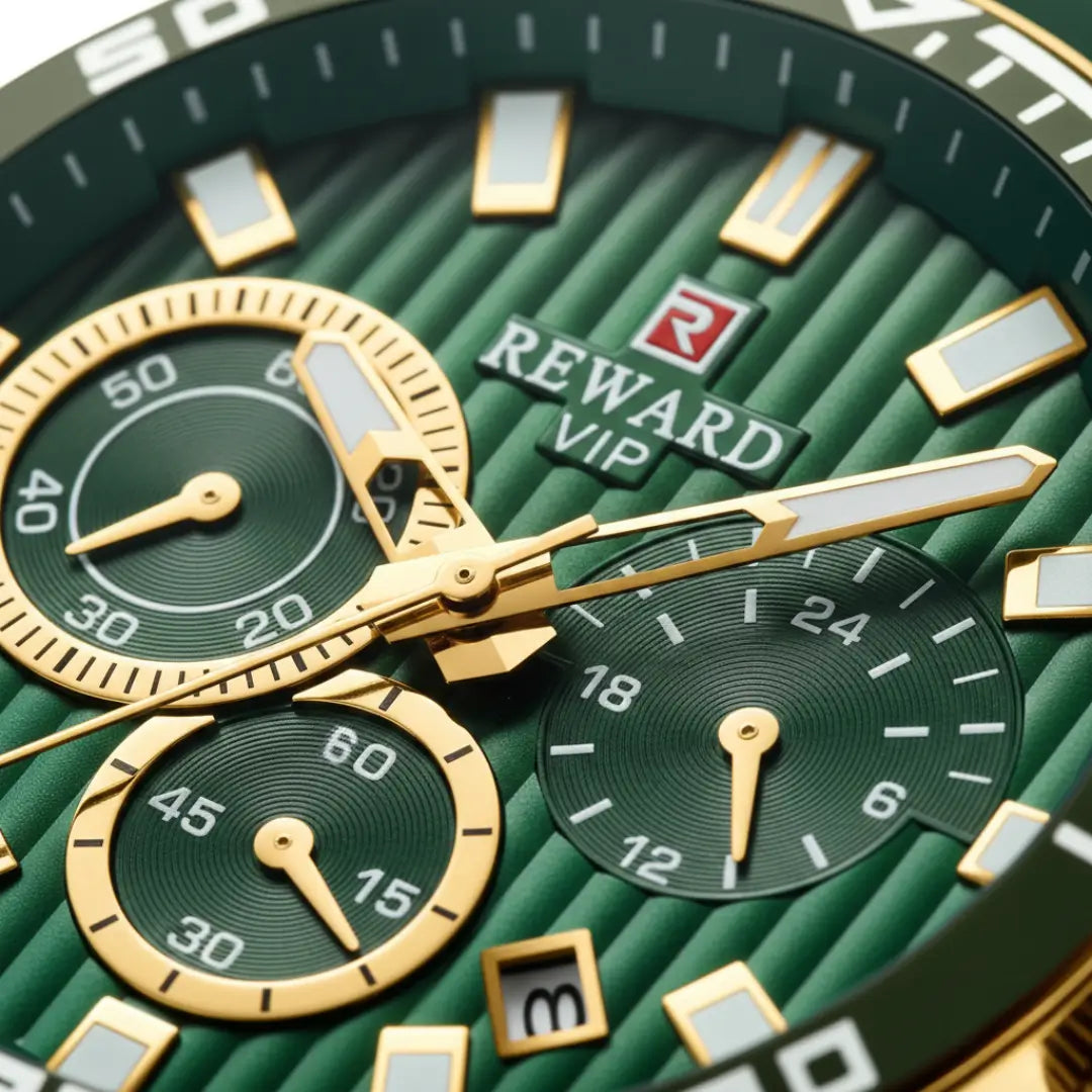 Relógio esportivo masculino verde e dourado Aurion Sport 44mm vista do mostrador
