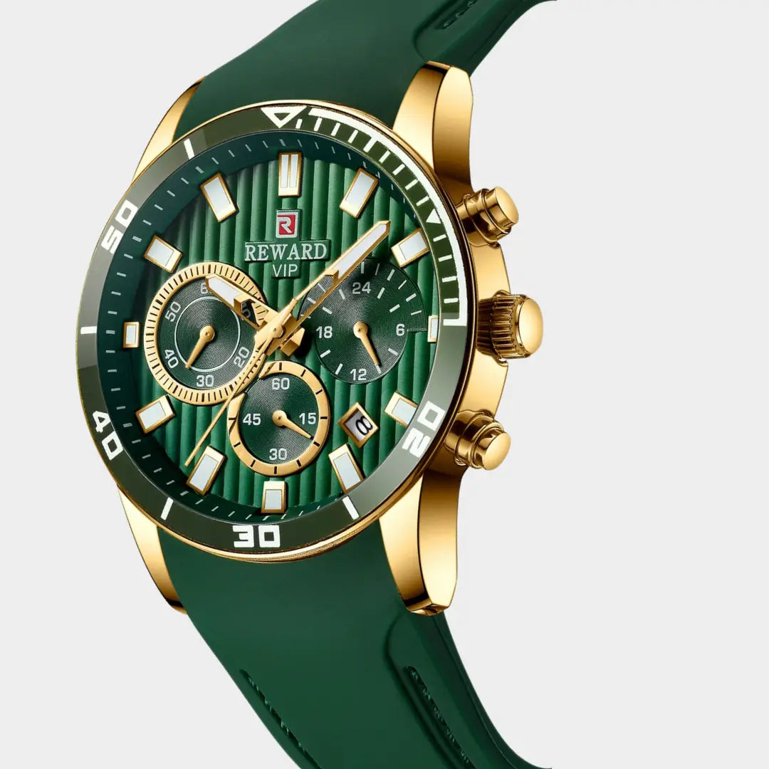 Relógio esportivo masculino verde e dourado Aurion Sport 44mm visto em ângulo de 3/4